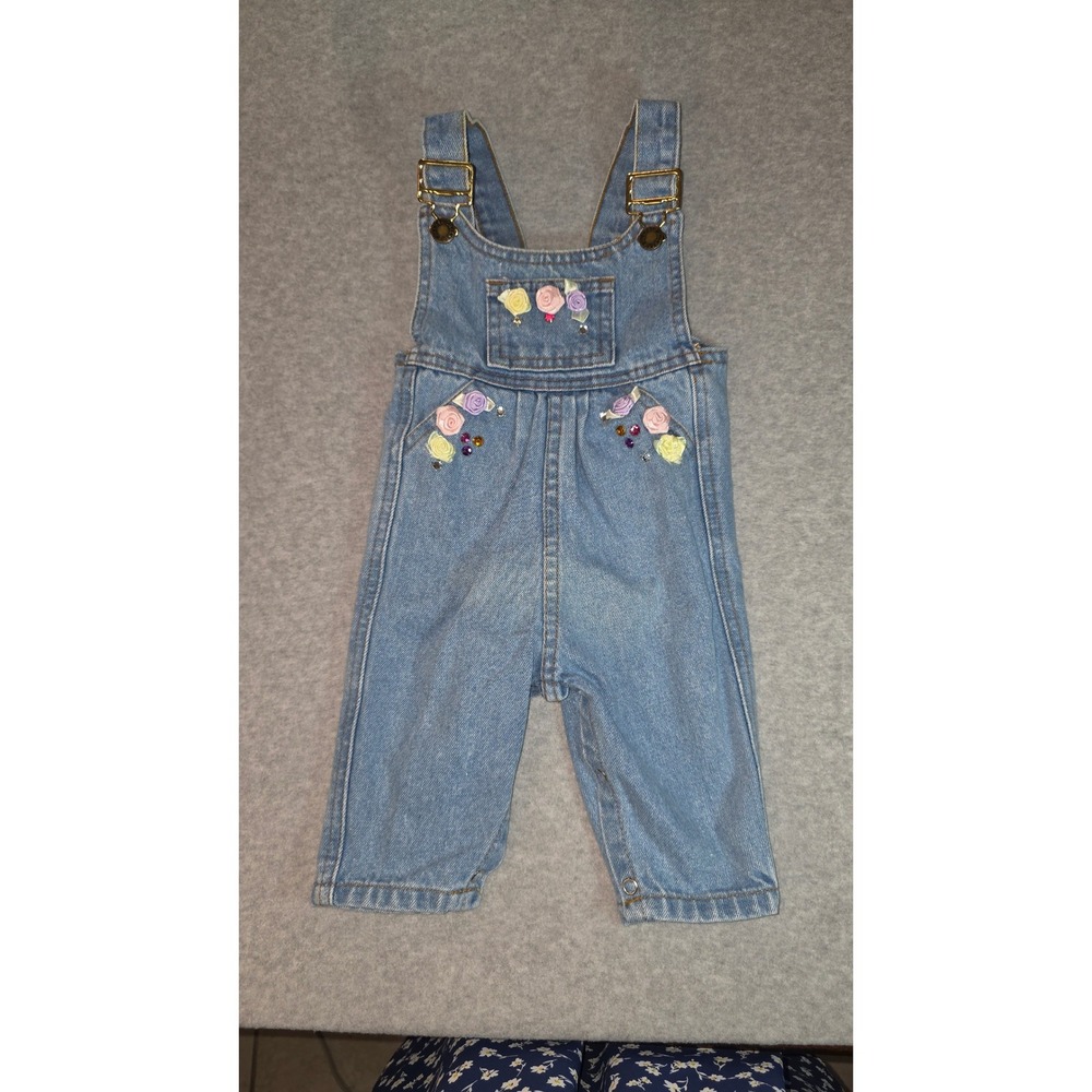 Vtg Chelsea Denim Baby Overalls With Embroidered Roses and Rhinestones